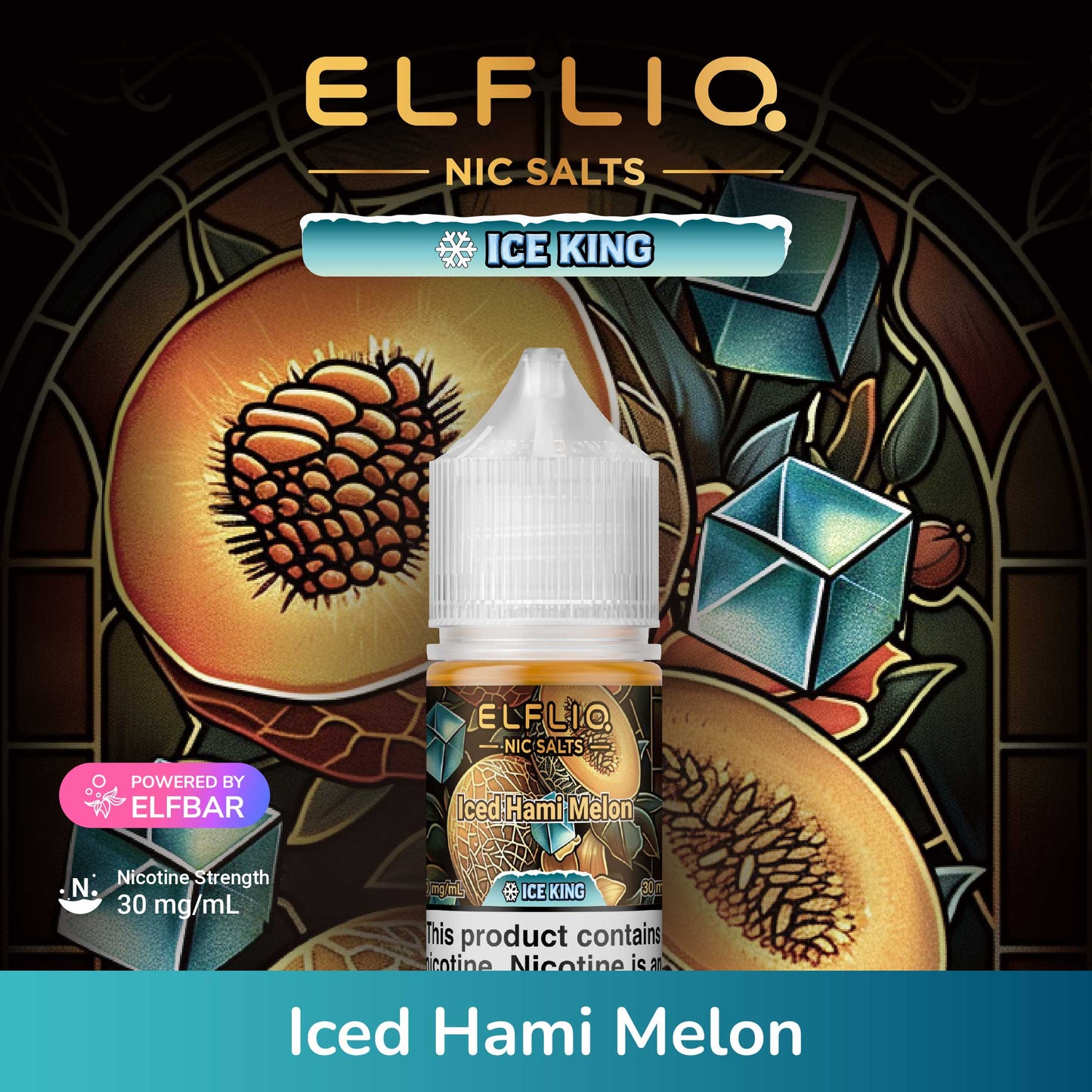 Elfliq Nic Salts Iced Hami Melon vape juice bottle with decorative background