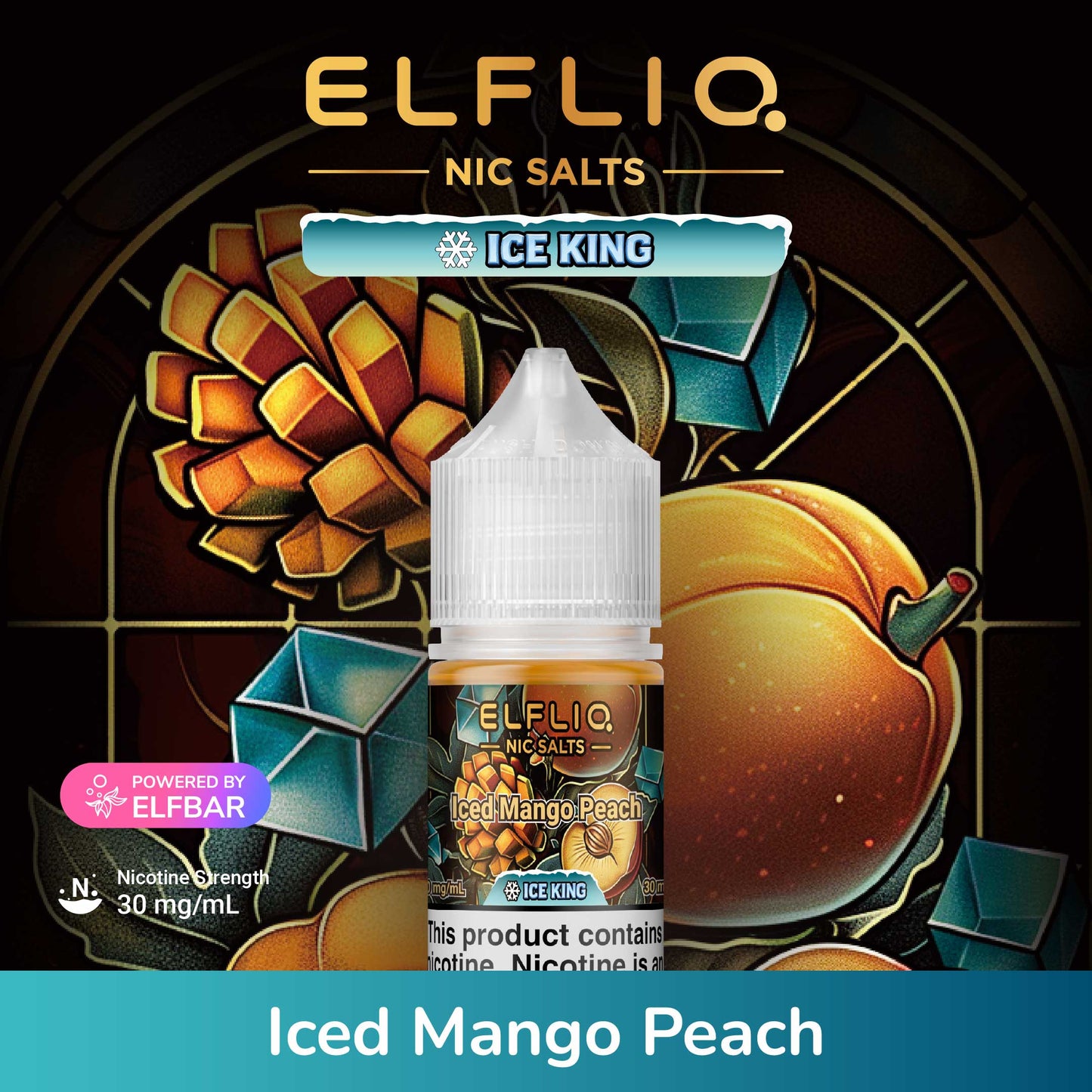Elfliq Nic Salts Ice King Iced Mango Peach vape juice bottle with decorative background