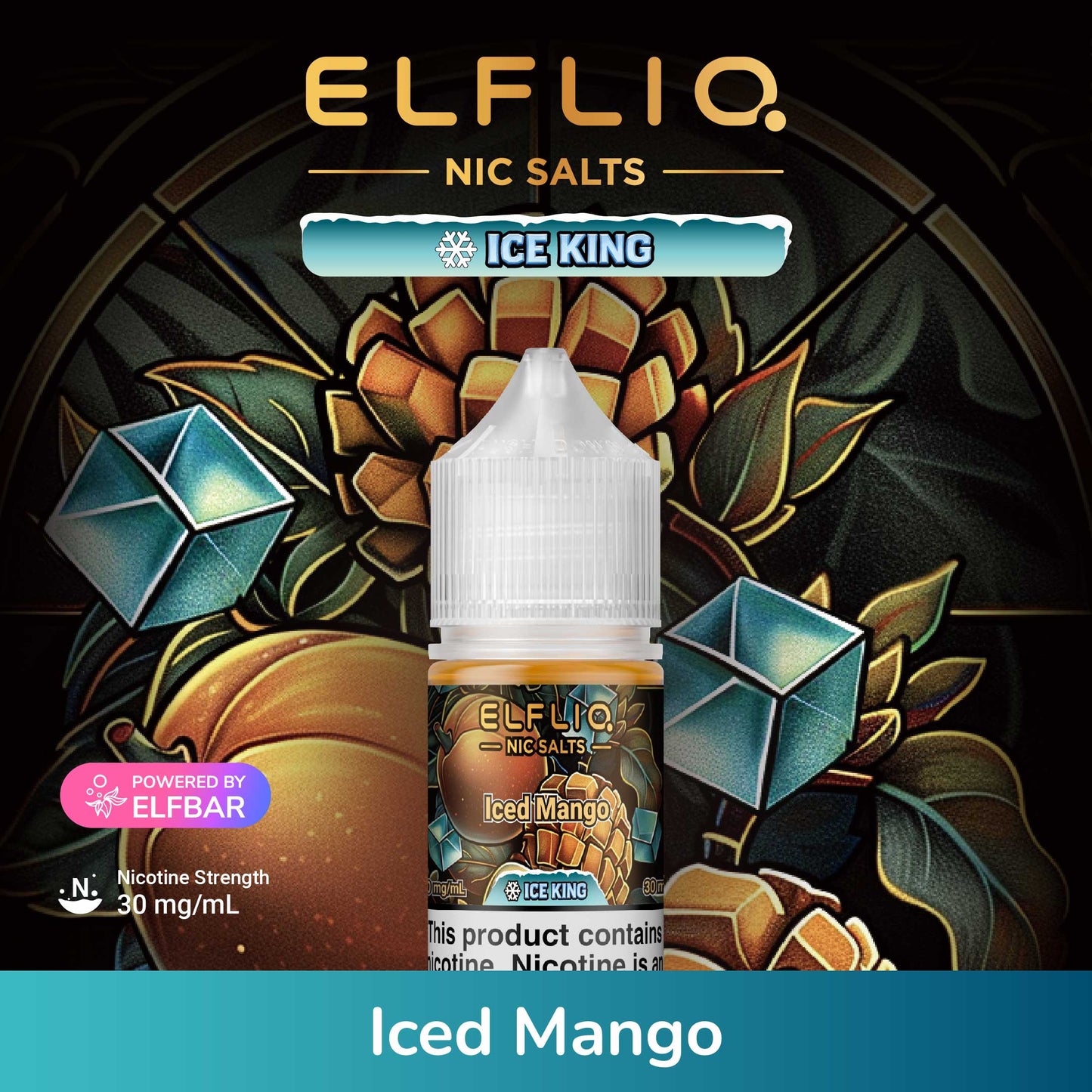 Elfliq Nic Salts Ice King Iced Mango vape juice bottle with decorative background