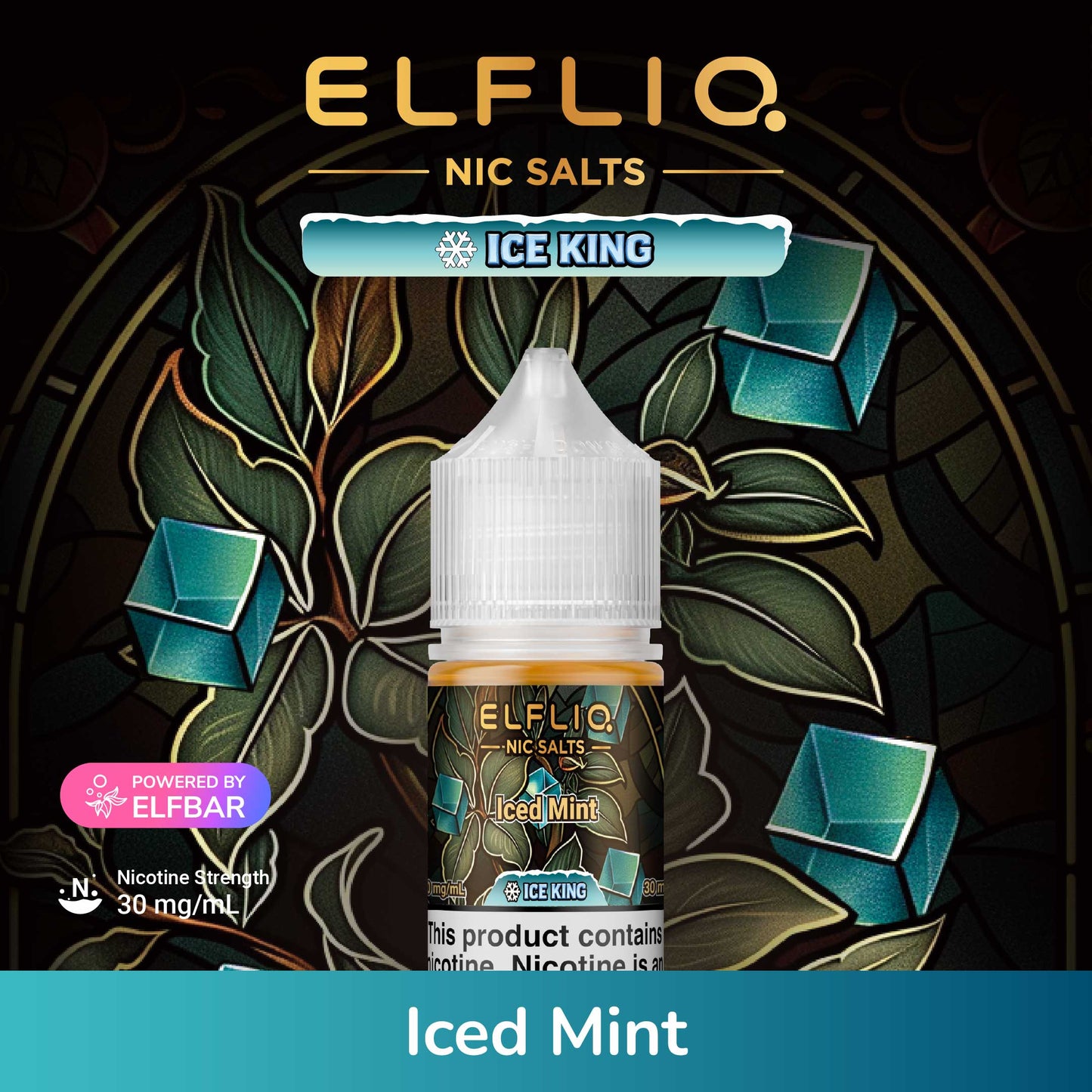 Elfliq Nic Salts Ice King Iced Mint vape juice bottle with decorative background
