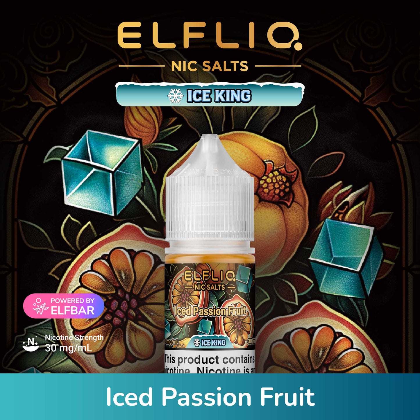 Elfliq Nic Salts Ice King Iced Passion Fruit e-liquid bottle on a decorative background