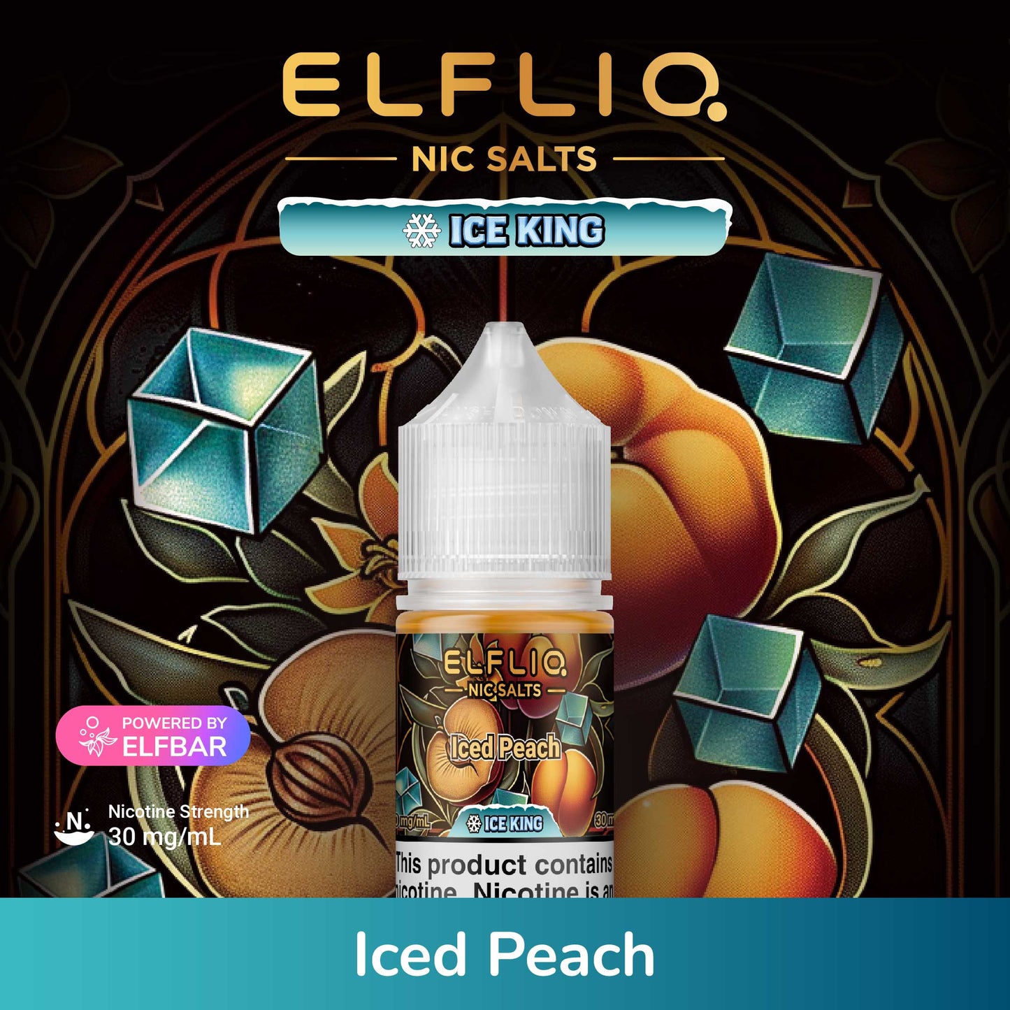 Elfliq Nic Salts Ice King Iced Peach vape juice bottle on a decorative background