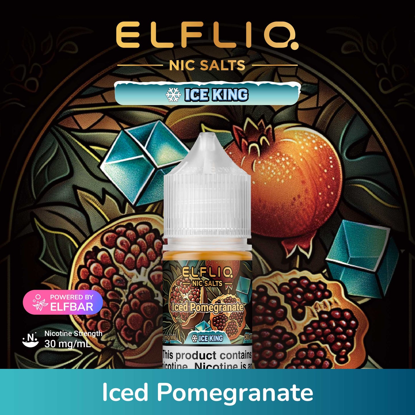 Elfliq Nic Salts Ice King Iced Pomegranate flavor bottle with pomegranate graphics on a dark background