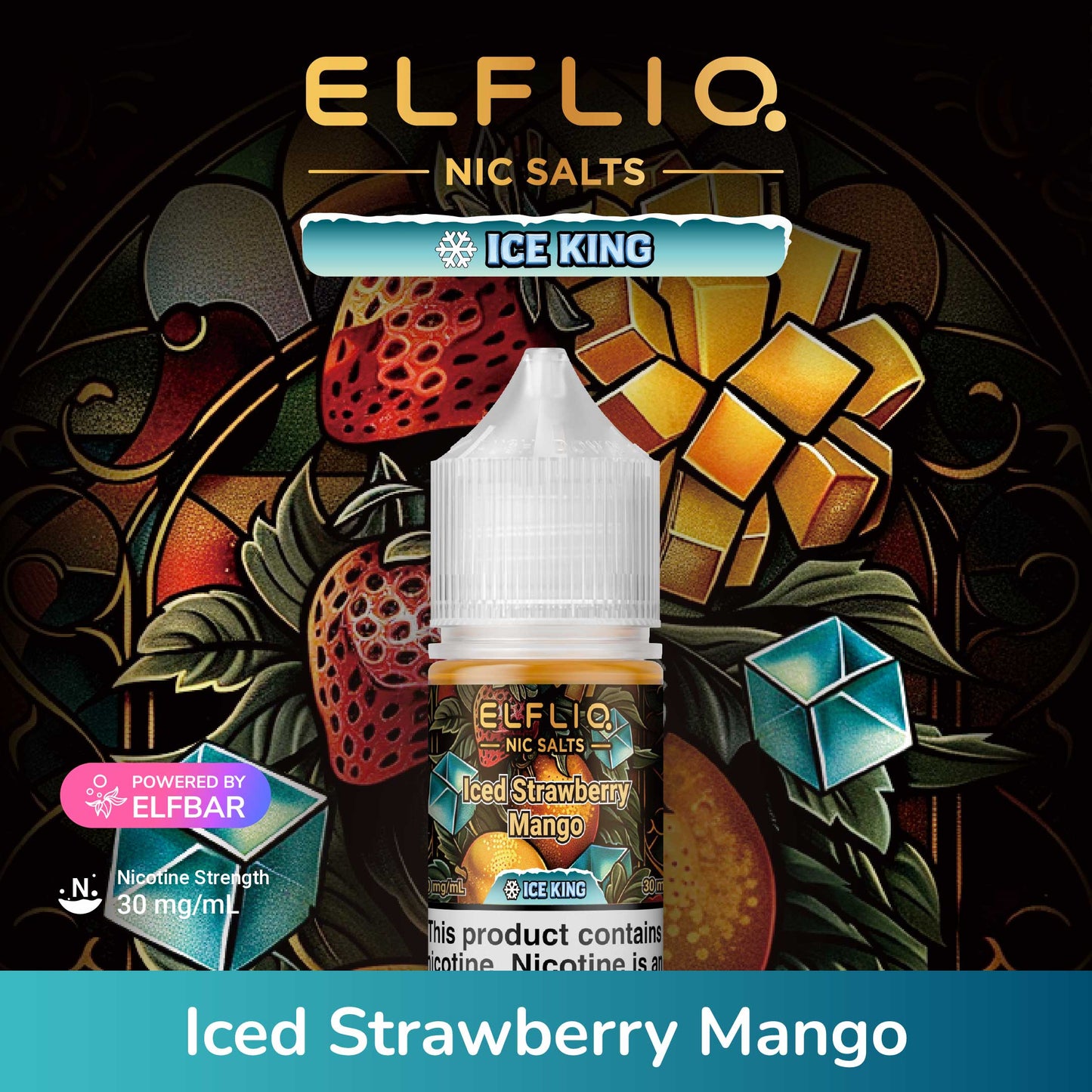 Elfliq Nic Salts Ice King Iced Strawberry Mango flavor bottle on a decorative background