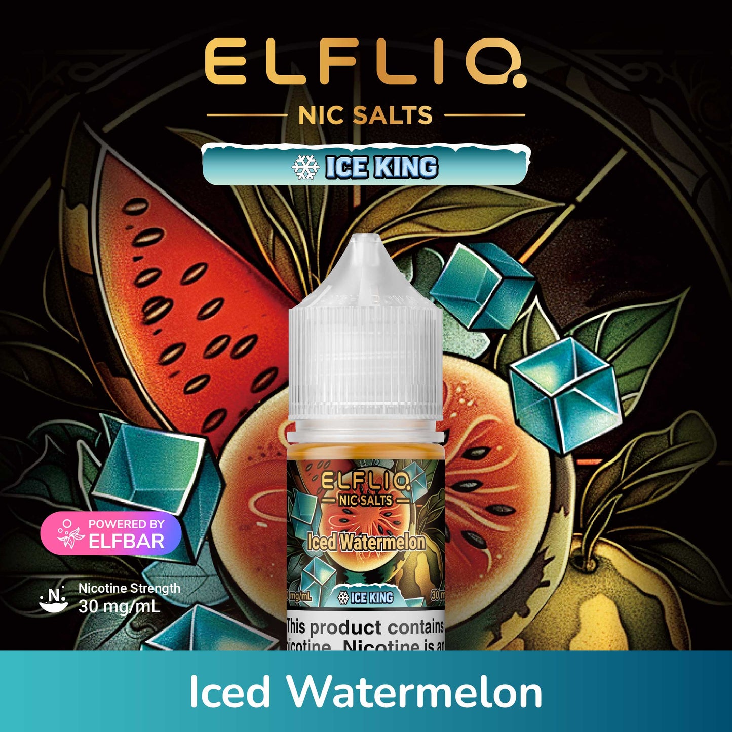 Elfliq Nic Salts Ice King Iced Watermelon flavor bottle with watermelon illustration on a dark background