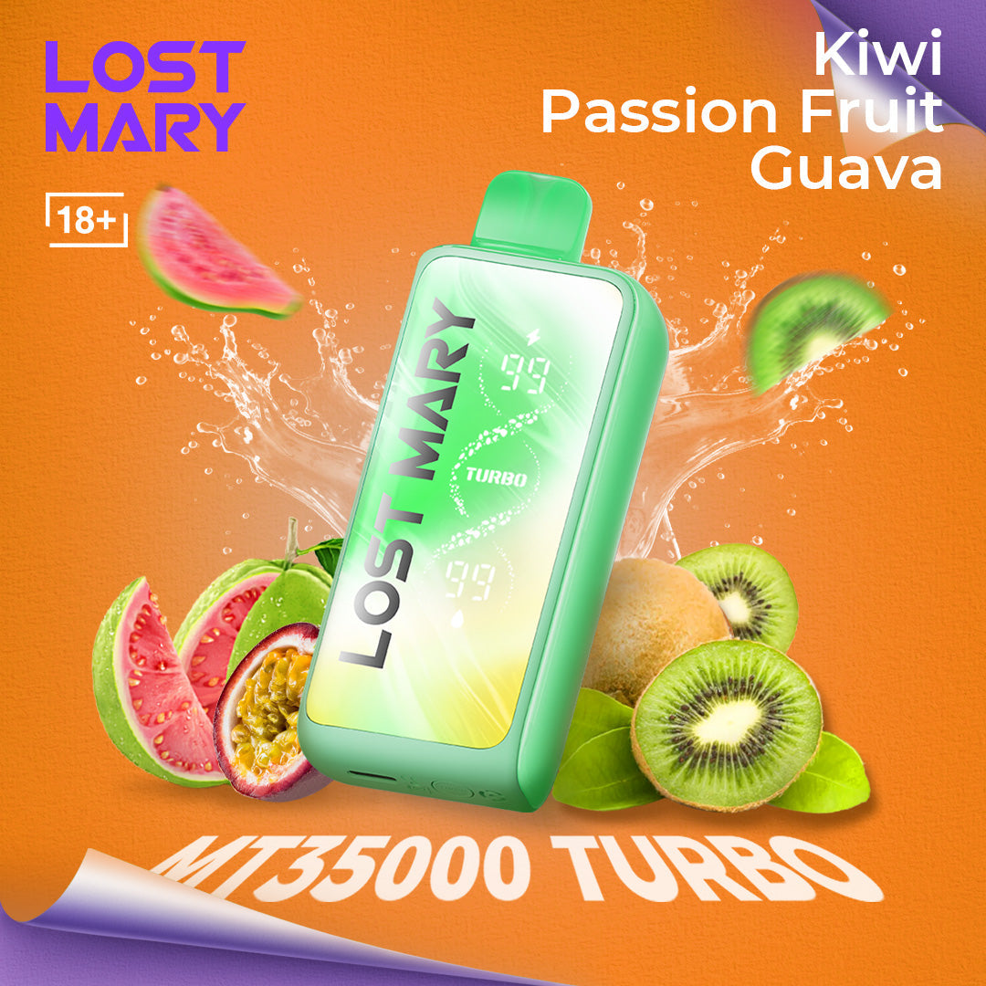 Lost Mary MT35000 Turbo vape device with kiwi, passion fruit, and guava on an orange background