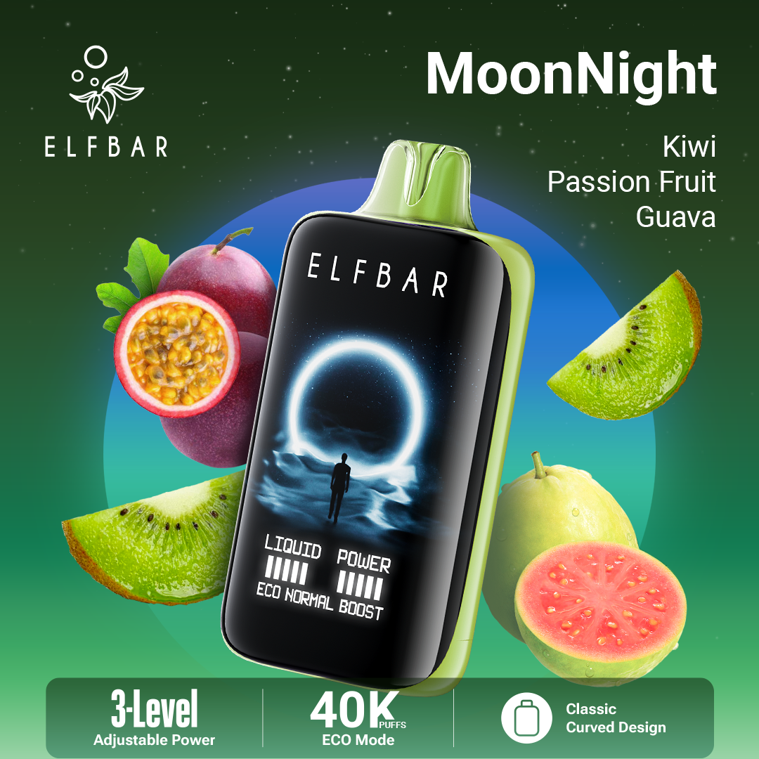 Elfbar vape device with kiwi, passion fruit, and guava on a green background