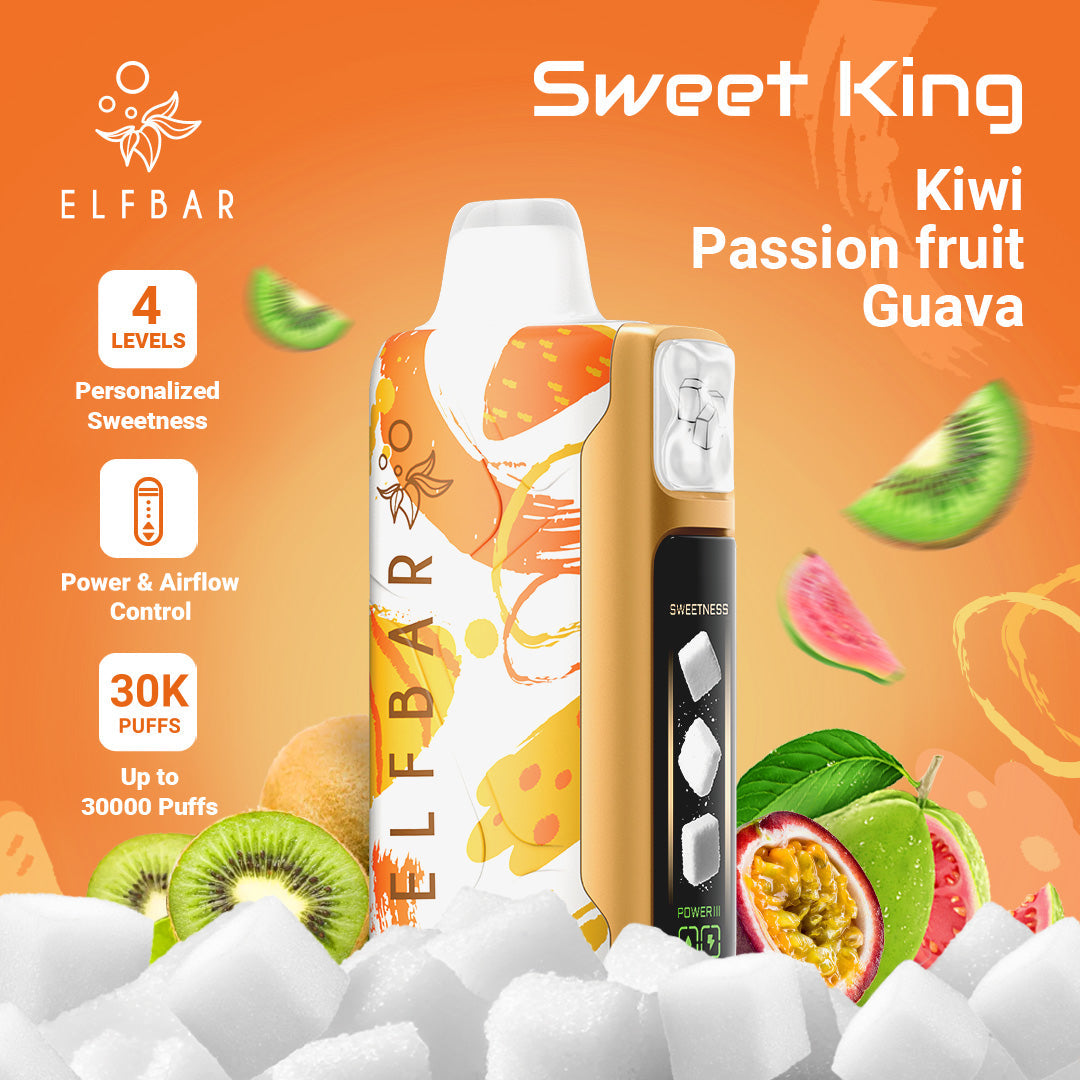 Elf Bar vape device with fruit graphics and text on an orange background
