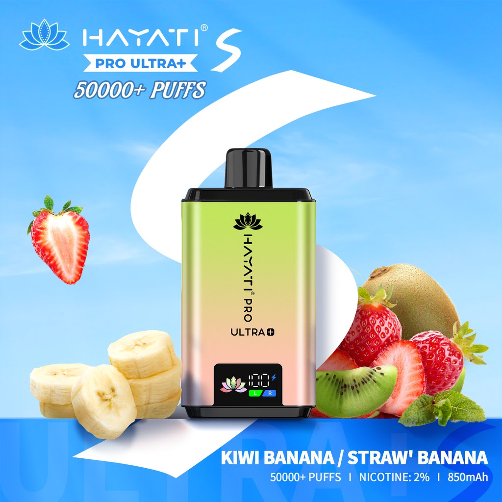 Hayati Pro Ultra vape device with fruits on a blue background at vape king uae