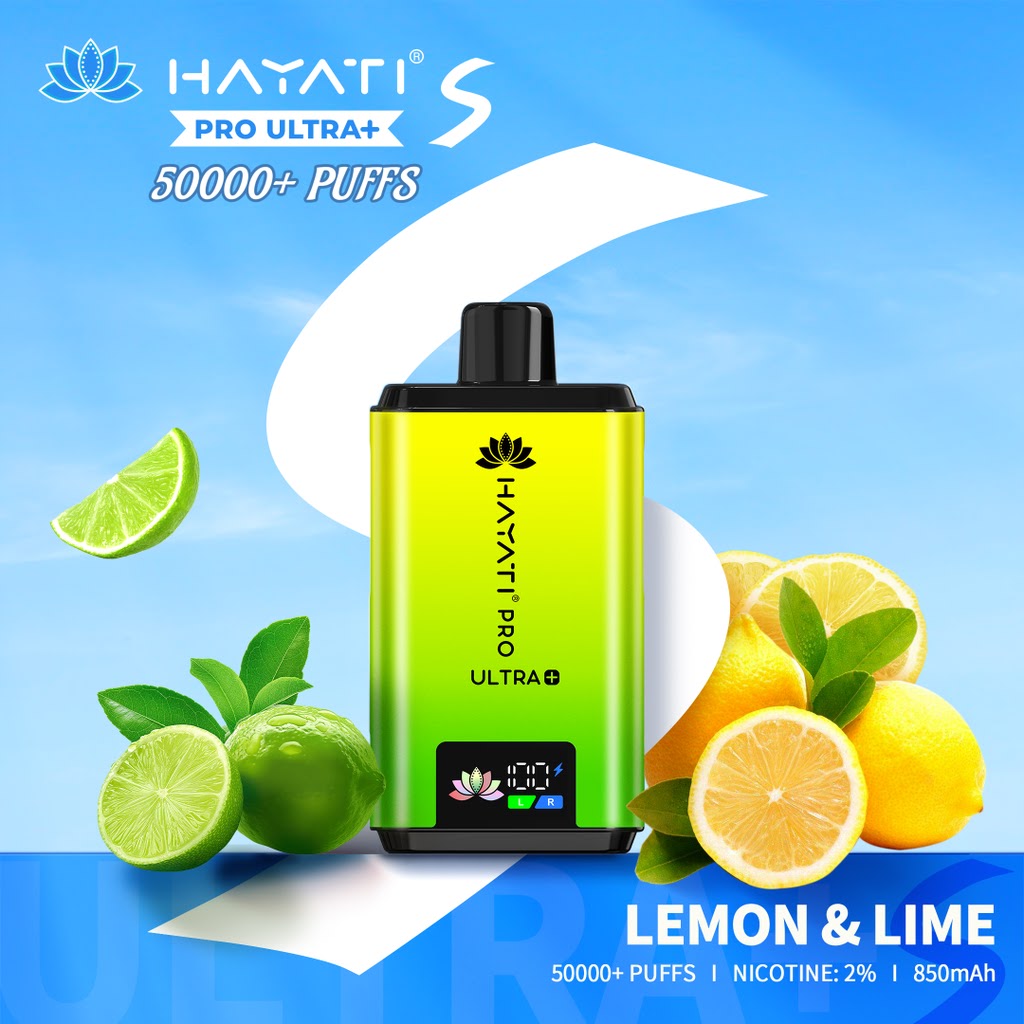 Hayati Pro Ultra vape device with lemon and lime graphics on a blue background at vape king uae