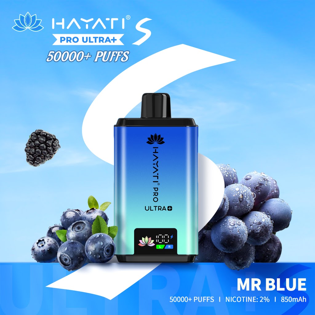 Hayati Pro Ultra+ vape device with blueberries and grapes on a blue background VAPE KINg DUBAI