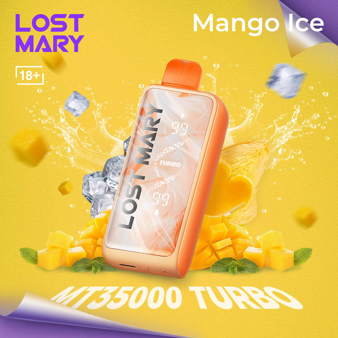 Lost Mary MT35000 Turbo vape device with mango ice flavor on a yellow background
