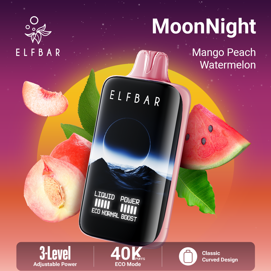 ELF BAR vape device with Mango Peach Watermelon flavor on a colorful background