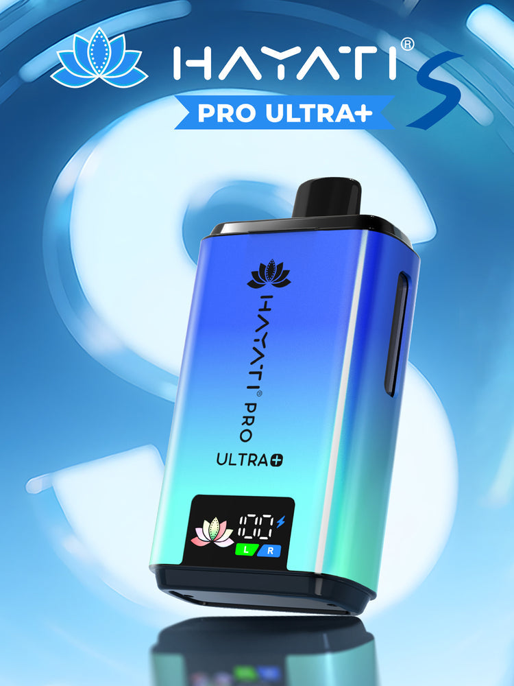 Hayati Pro Ultra+ vape device on a blue background with brand logo.