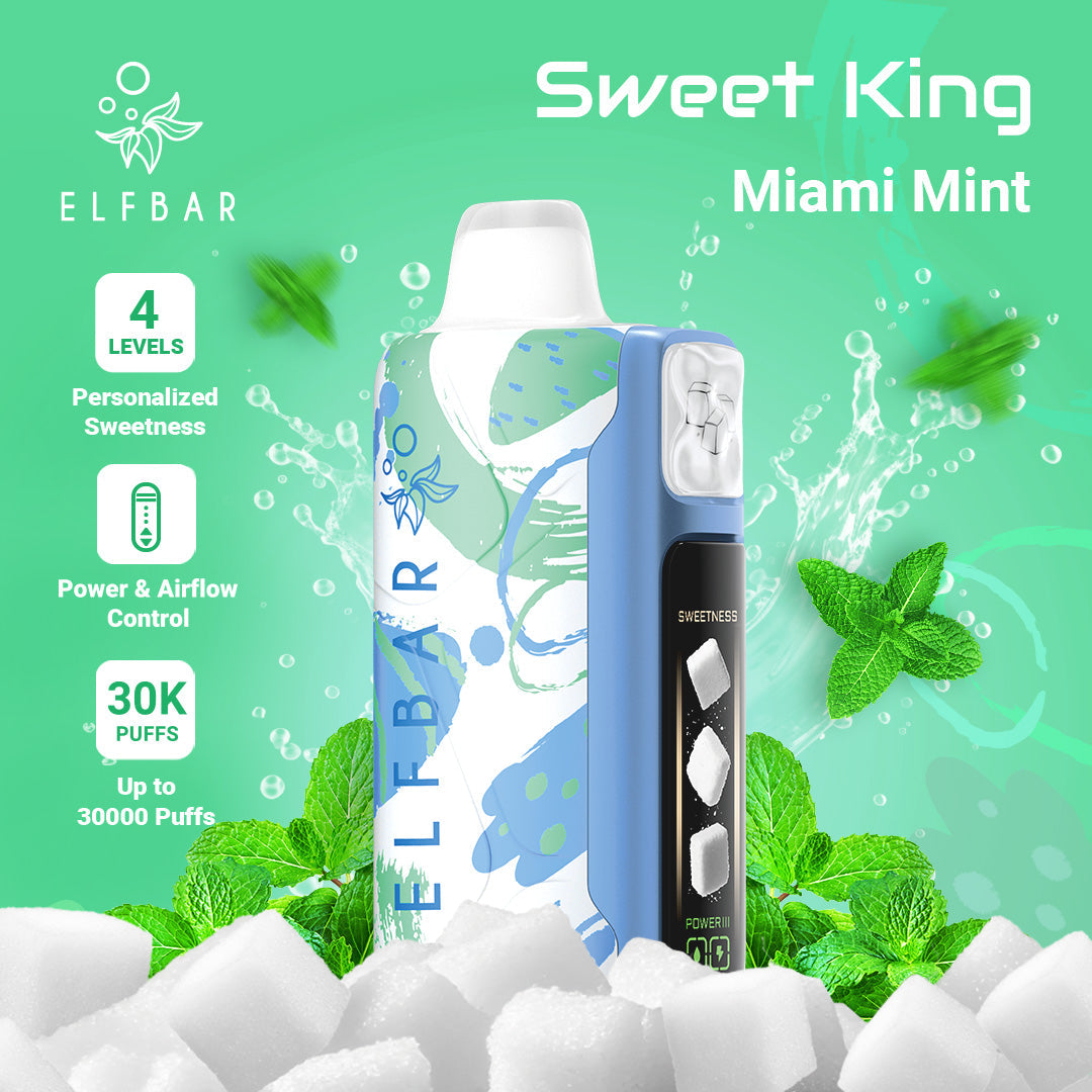 ELF BAR Sweet King Miami Mint vape device with mint leaves and ice cubes on a green background