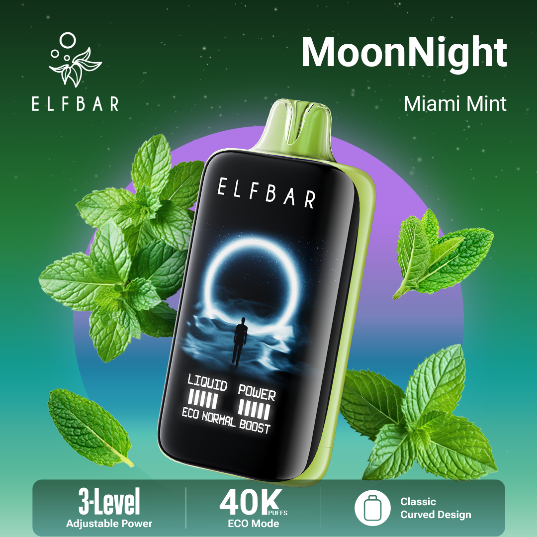 Elfbar MoonNight vape device with mint leaves on a gradient background