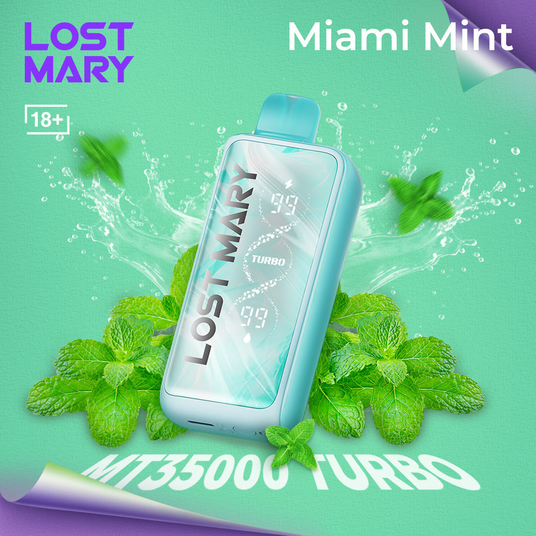Lost Mary MT35000 Turbo vape device with mint leaves on a green background