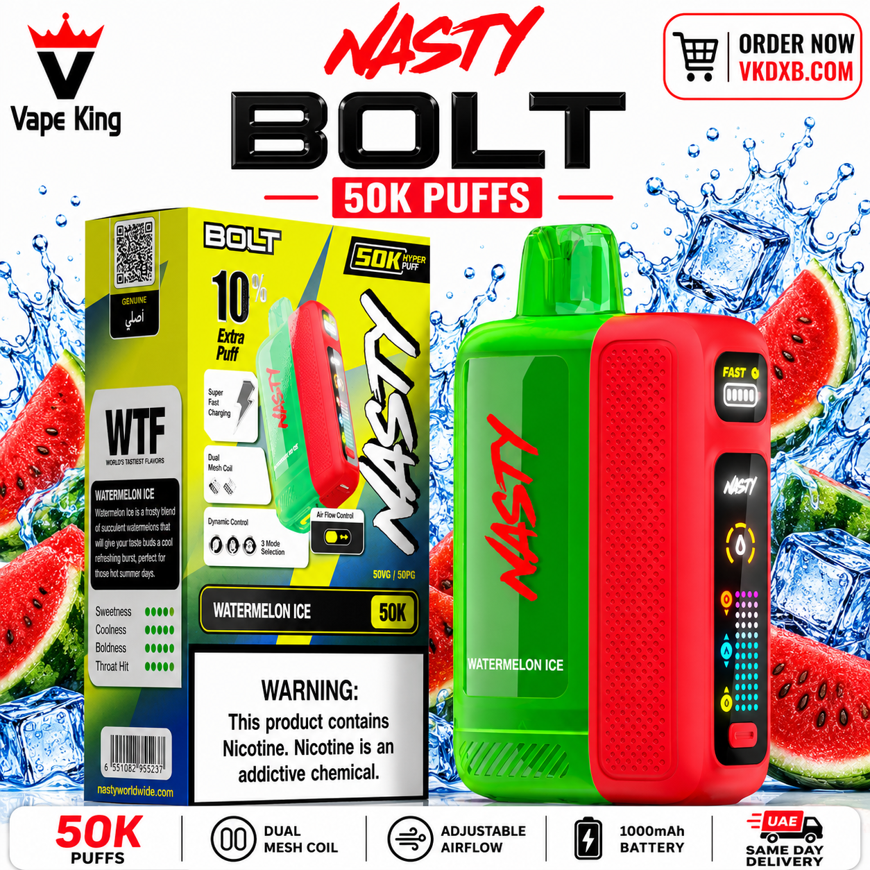 Nasty Bolt 50000 puffs Watermelon ice Disposable Vape Dual Display UAE