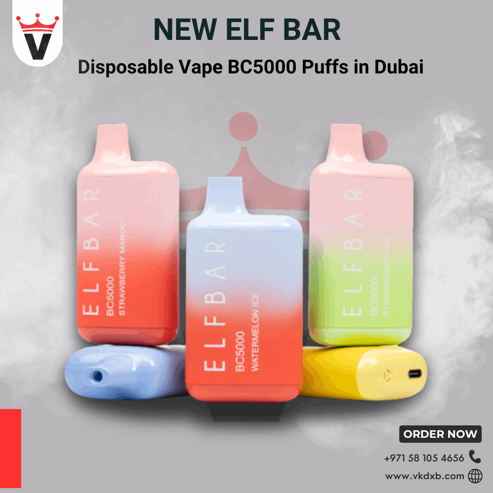 New Elf Bar Disposable Vape BC5000 Puffs in Dubai with multiple flavors and rechargeable battery shown in vibrant colors