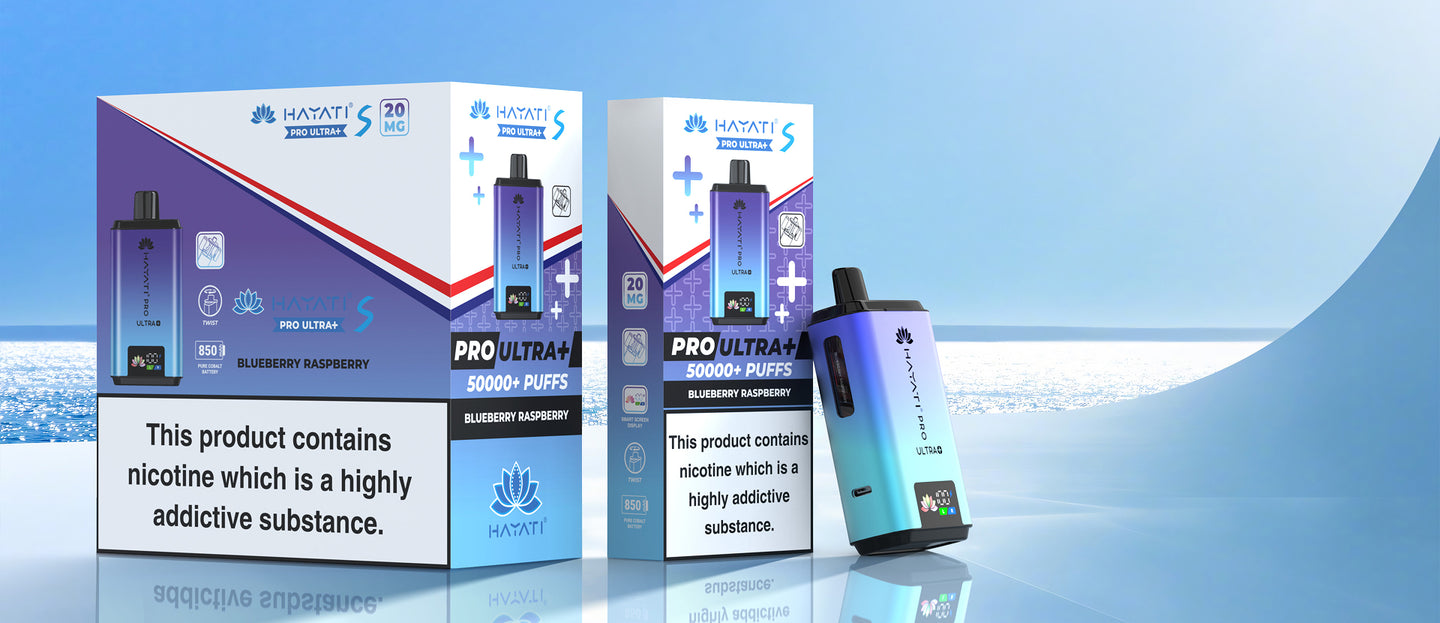 Two boxes of Pro Ultra Plus vape devices with a blue and white design on a gradient background. VAPE KING DUBAI