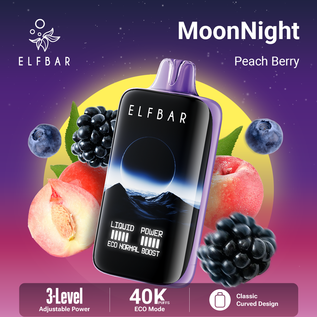 Elfbar vape device with peach berry flavor on a colorful background