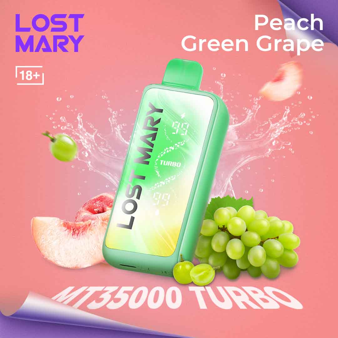 Lost Mary vape device with peach and green grape elements on a pink background