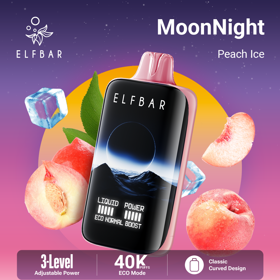Elfbar vape device with peach ice flavor on a colorful background