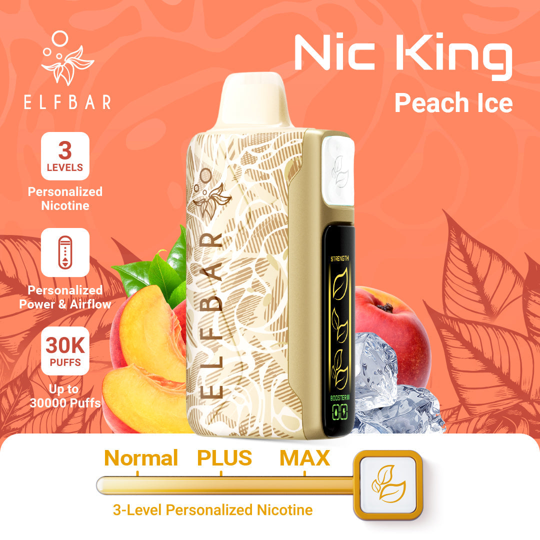Elf Bar Nic King Peach Ice vape device with peach and apple graphics on an orange background
