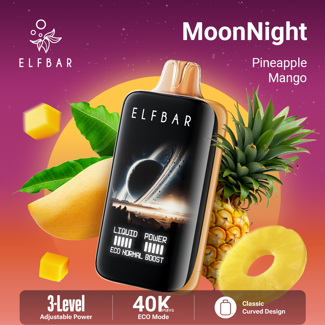 Elfbar vape device with pineapple and mango on a colorful background, featuring the brand 'MoonNight'.