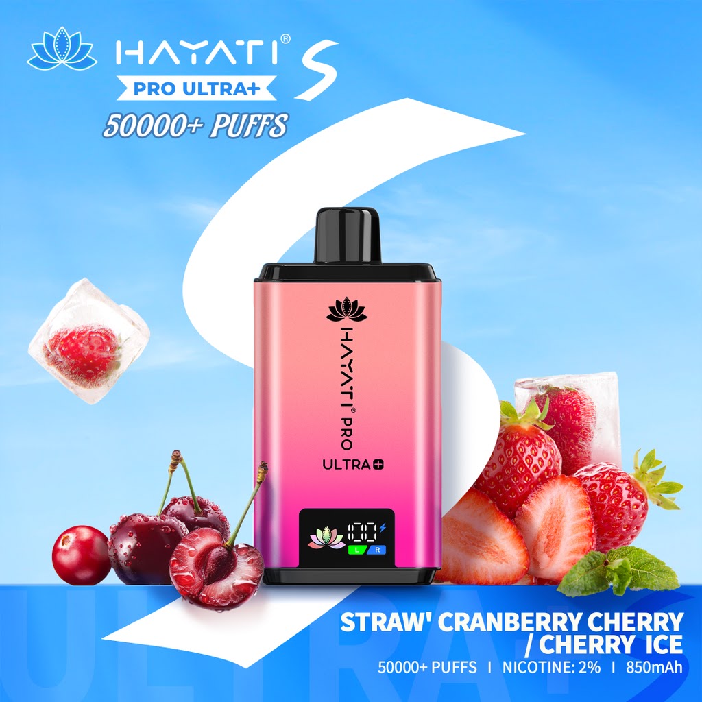 Hayati Pro Ultra+ vape device with strawberry, cranberry, and cherry graphics on a blue background VAPE KING DUBAI