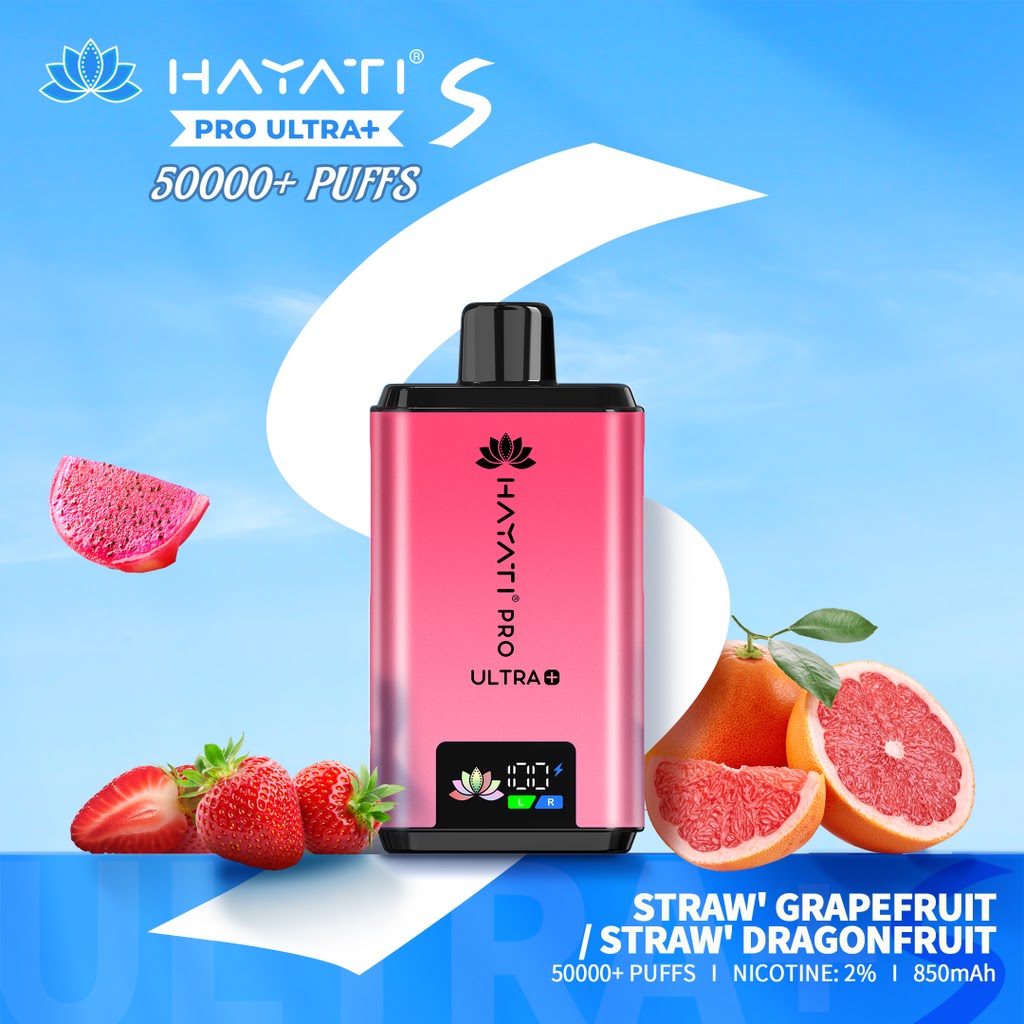 Hayati Pro Ultra+ vape device with fruit graphics on a blue background at vape king uae