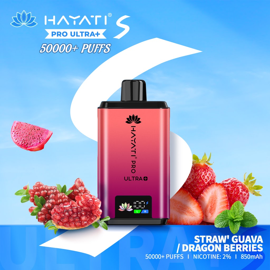 Hayati Pro Ultra vape device with fruit graphics on a blue background at vape king uae