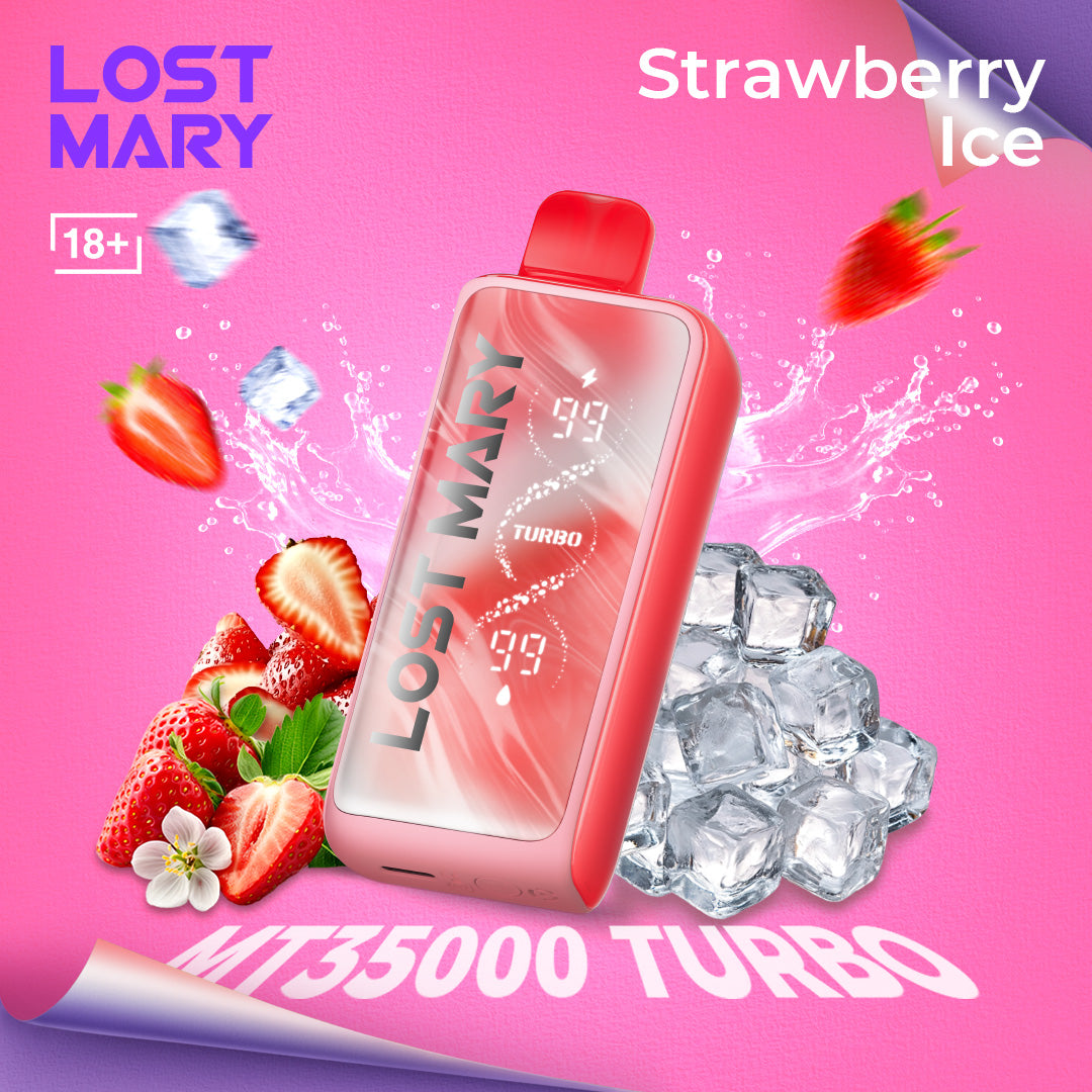 Lost Mary MT35000 Turbo vape device with strawberry and ice elements on a pink background