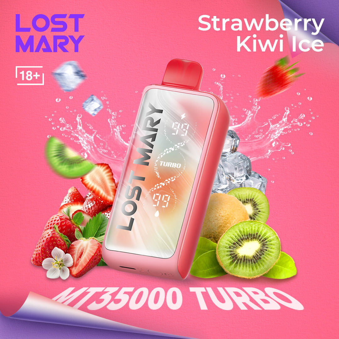 Lost Mary MT35000 Turbo vape device with strawberry and kiwi graphics on a pink background