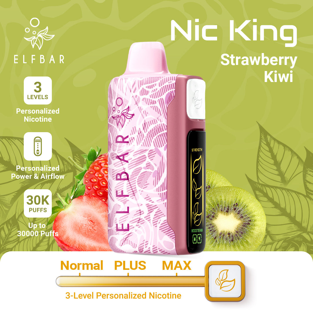 Elf Bar vape device with strawberry kiwi flavor on a green background