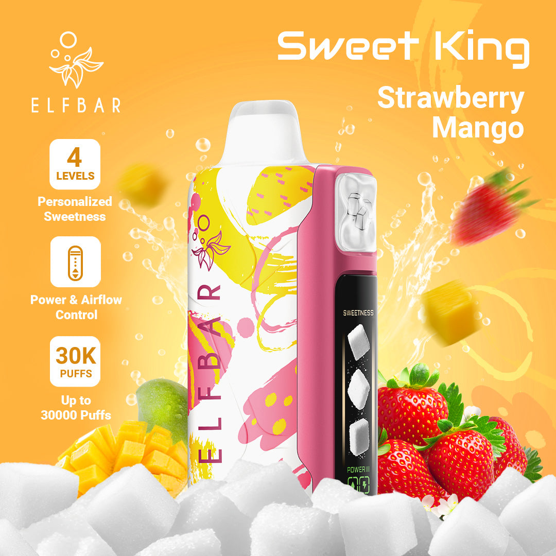 ELF BAR Sweet King Strawberry Mango vape device with fruit graphics on a yellow background