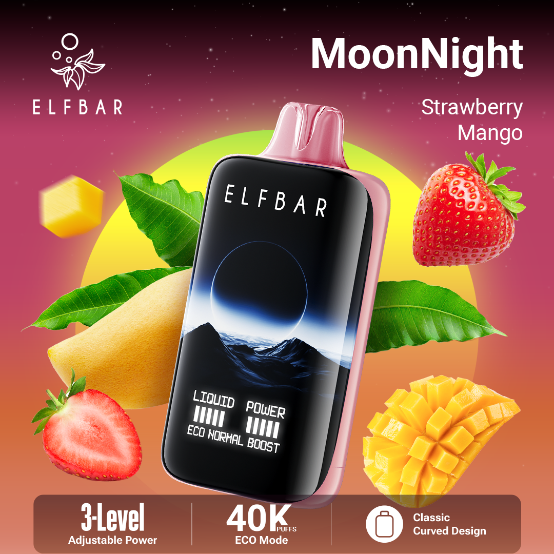 ELF BAR vape device with strawberry and mango graphics on a colorful background