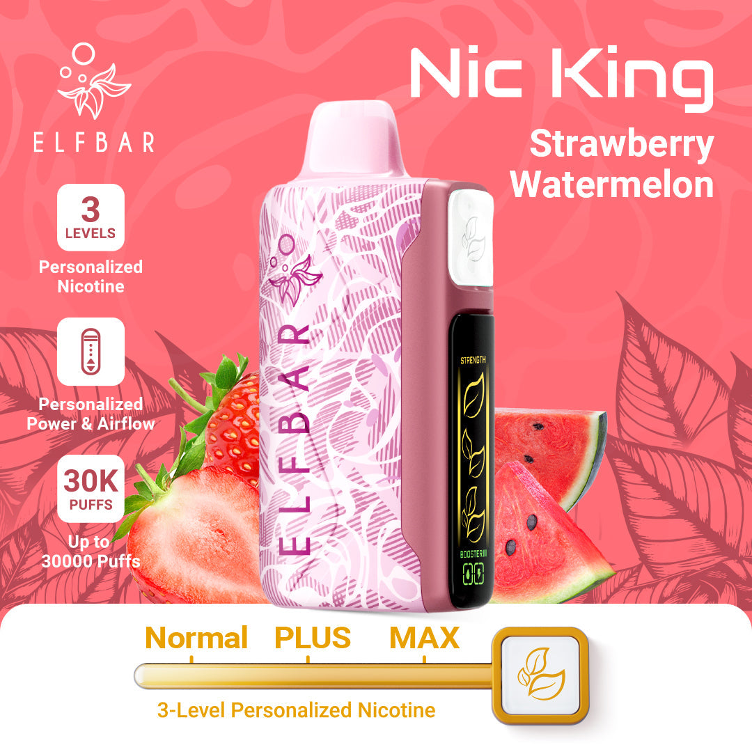 Elf Bar vape device with strawberry watermelon flavor on a pink background