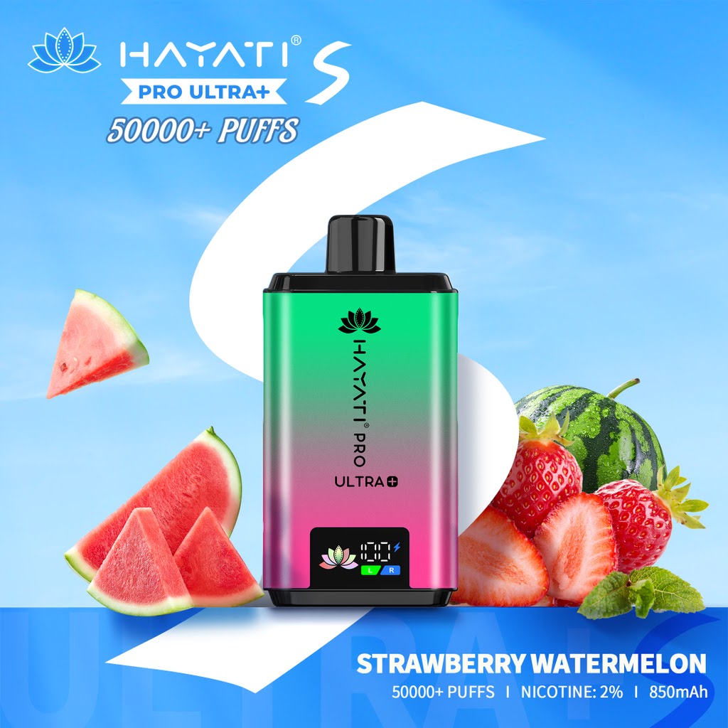 Hayati Pro Ultra+ vape device with strawberry watermelon flavor on a blue background VAPE KING DUBAI