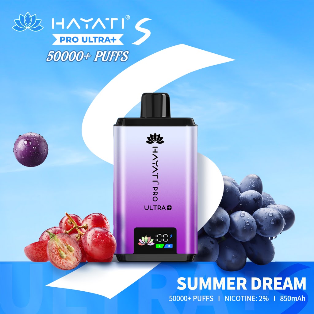 Hayati Pro Ultra+ vape device with grapes and berries on a blue background AT VAPE KING DUBAI