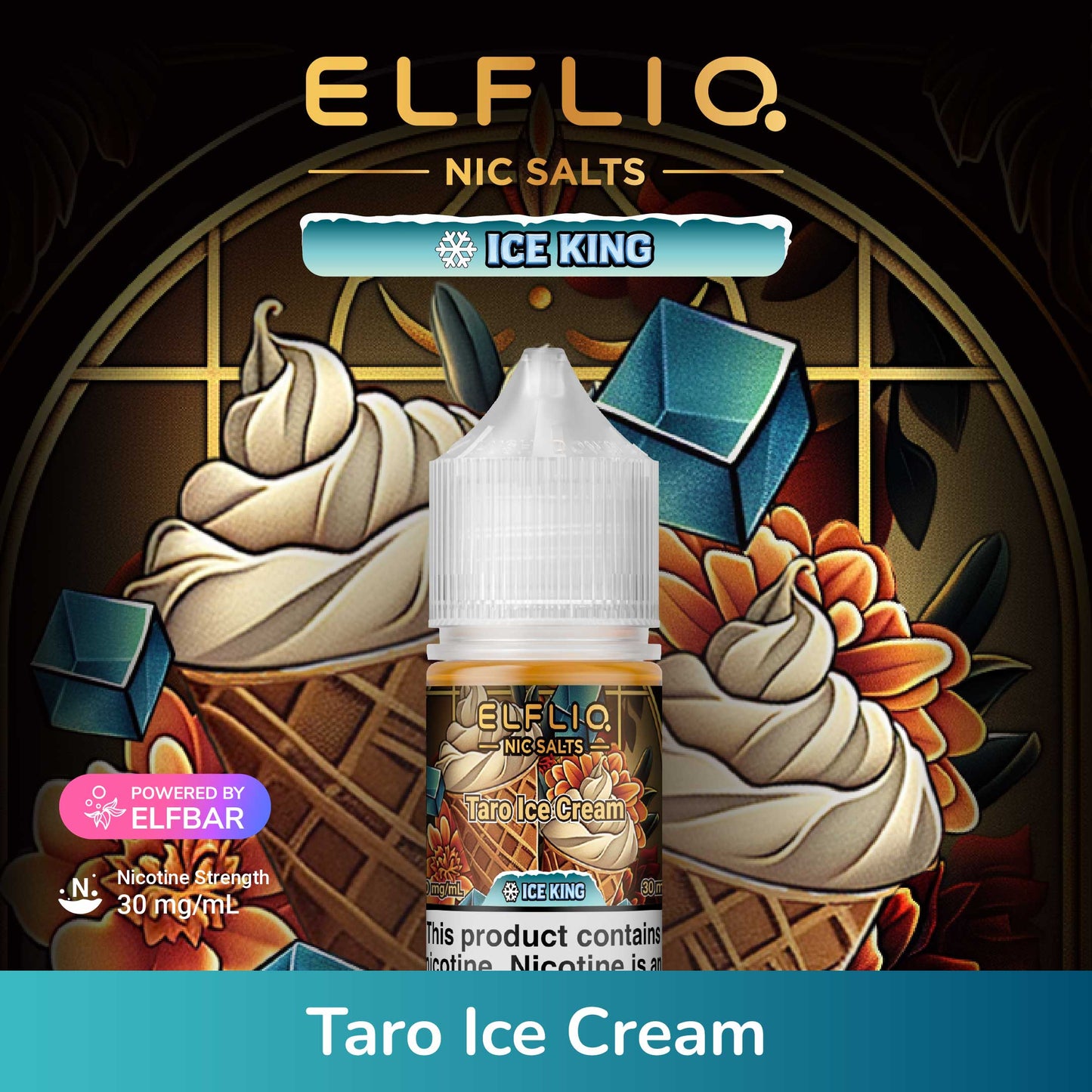 Elfliq Taro Ice Cream nicotine salt bottle with ice cream cone and waffle background