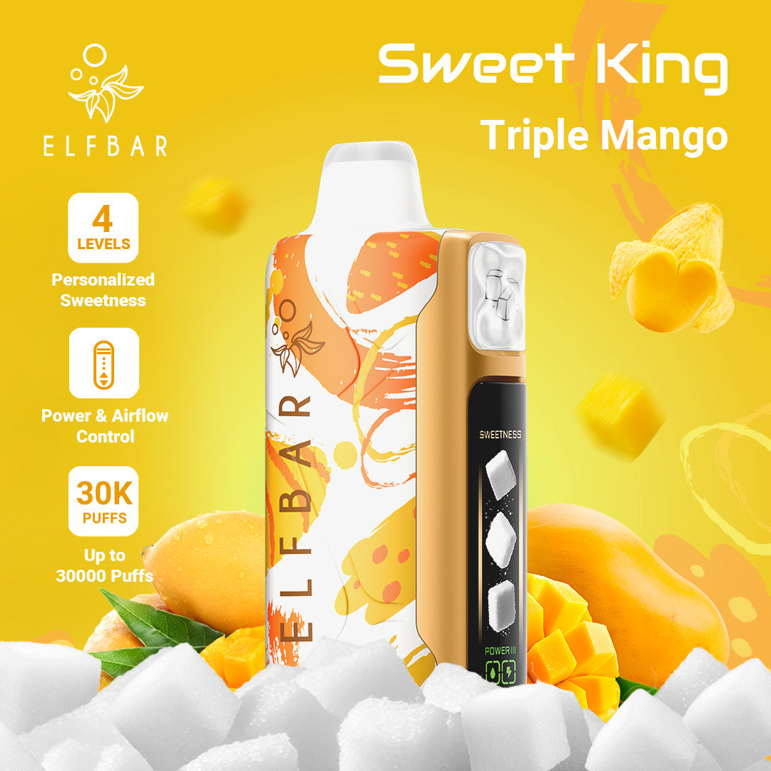 ELF BAR Sweet King Triple Mango vape device with mango graphics and product features on a yellow background.