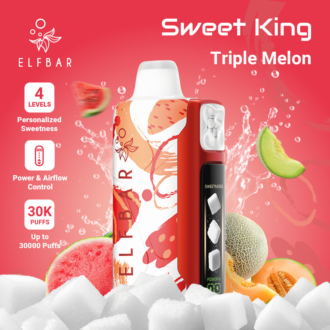 Elf Bar Sweet King Triple Melon vape device with watermelon and melon graphics on a pink background