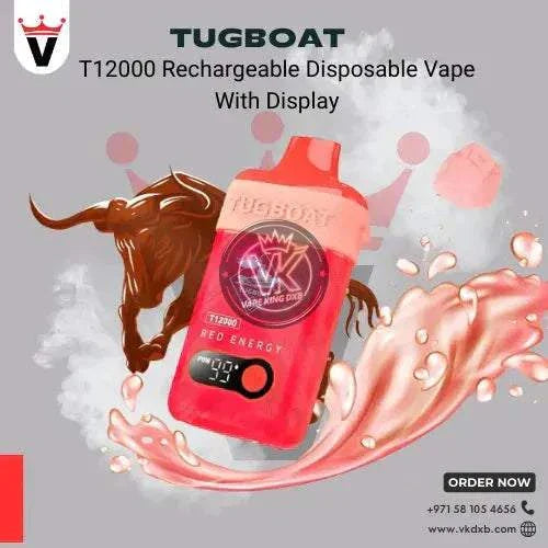 Tugboat T12000 rechargeable disposable vape with display, red energy flavor, high puff capacity and battery indicator.