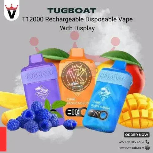 Tugboat T12000 rechargeable disposable vape with display in purple, orange, and blue colors featuring berry, mango melon, and black mamba flavors with fruit illustrations.