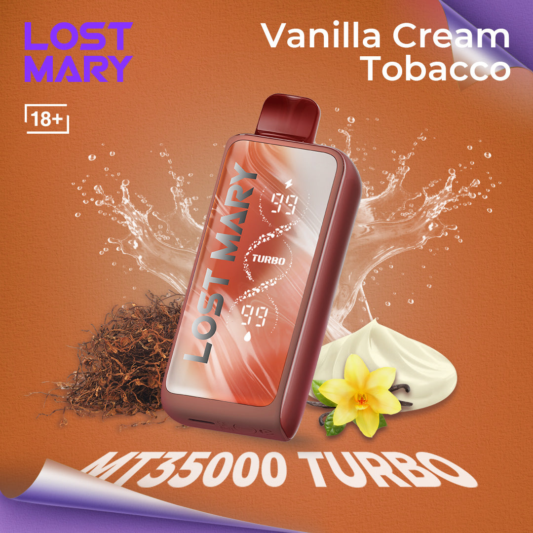 Lost Mary MT35000 Turbo vape device with vanilla cream tobacco flavor on an orange background.