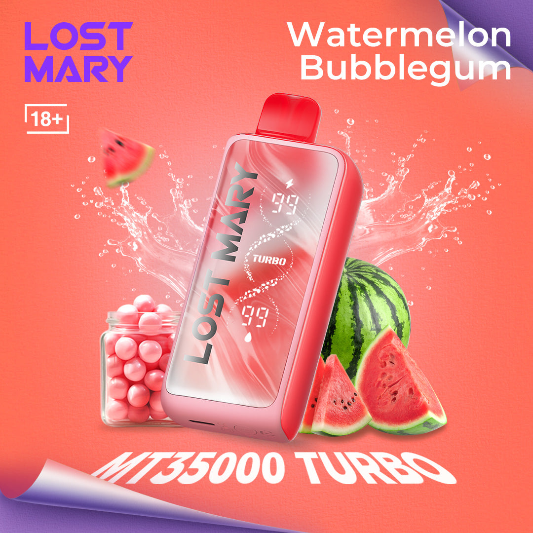 Lost Mary MT35000 Turbo vape device with watermelon and bubblegum elements on a vibrant background.
