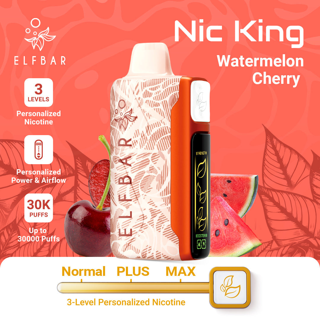 Elf Bar vape device with watermelon and cherry flavor on a red background