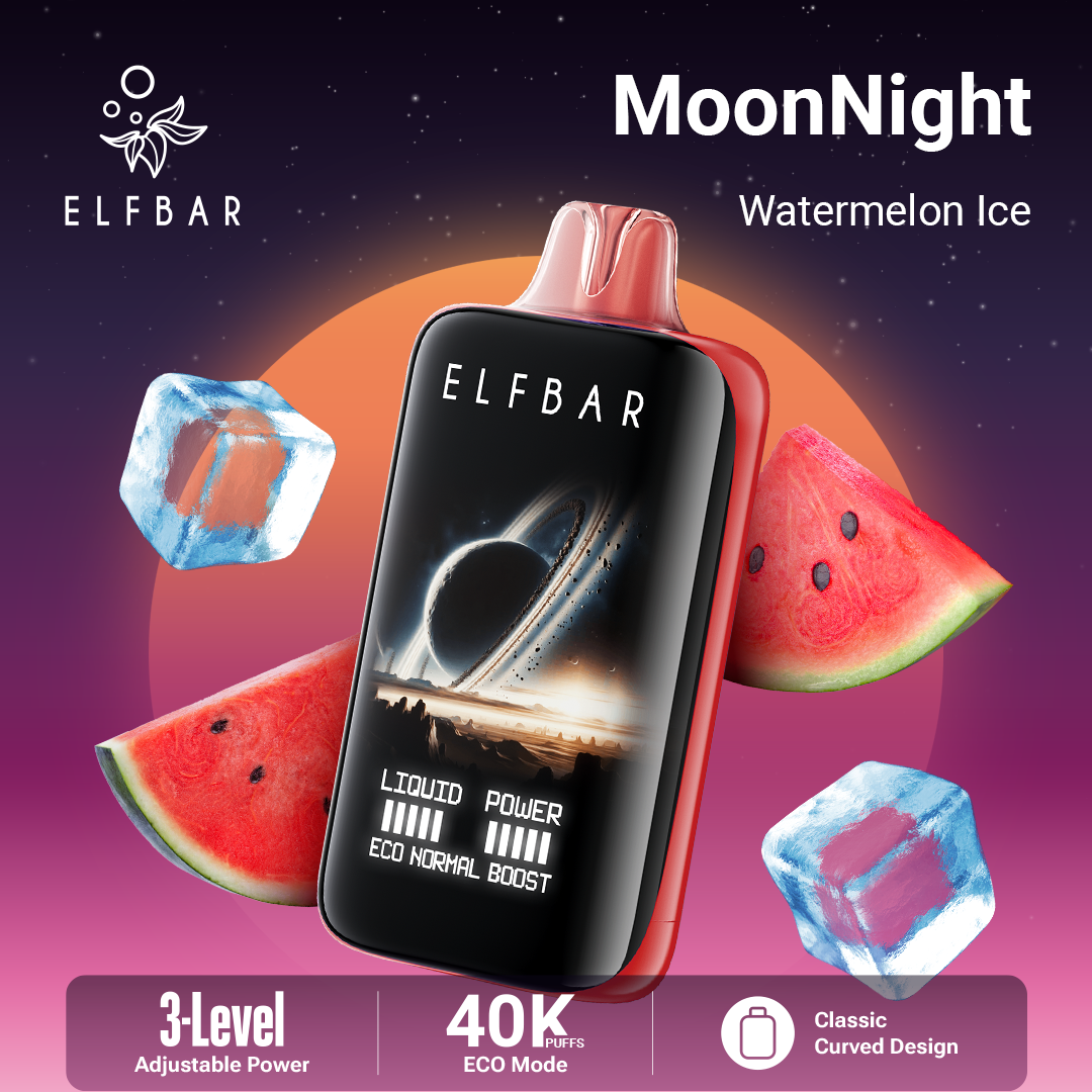 ELF BAR vape device with watermelon and ice cubes on a colorful background, featuring the brand 'MoonNight'.