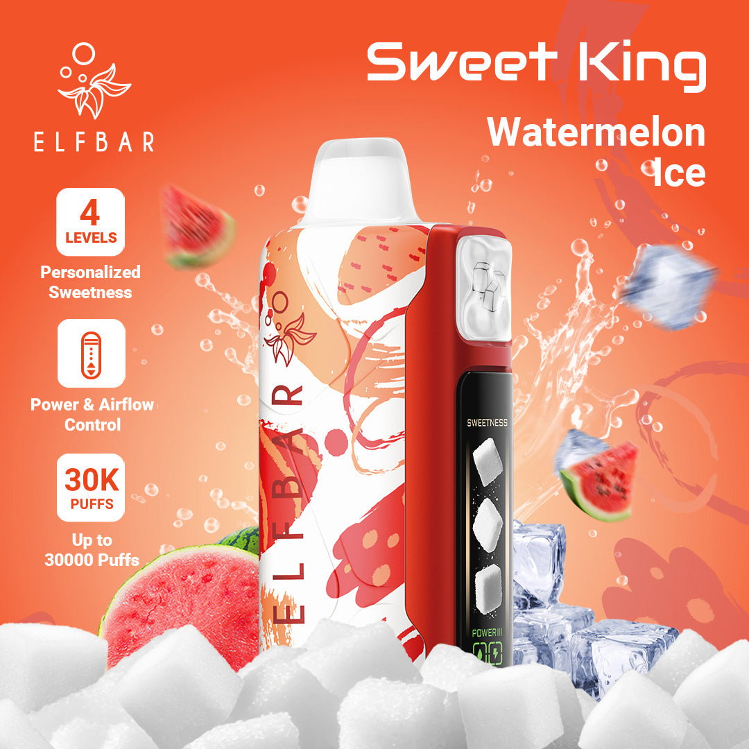 Elf Bar Sweet King Watermelon Ice vape device with watermelon slices and ice cubes on an orange background.